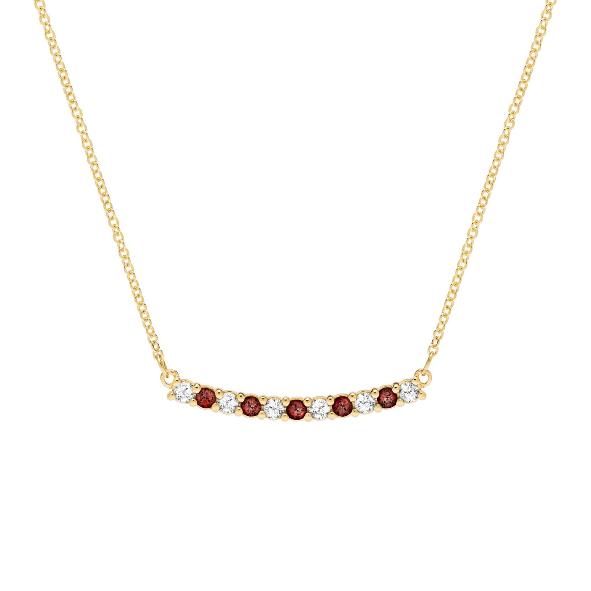 Rosecliff bar necklace with eleven alternating 2 mm round cut garnets and diamonds prong set in 14k gold - front view