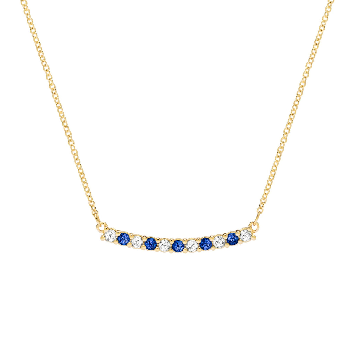 Rosecliff bar necklace with eleven alternating 2 mm round cut sapphires and diamonds prong set in 14k gold - front view