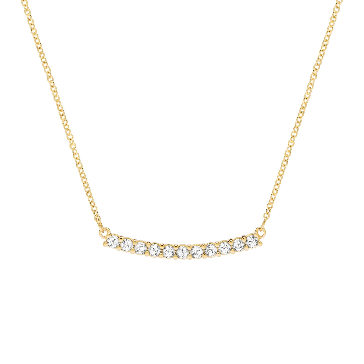 Rosecliff bar necklace with eleven 2 mm faceted round cut diamonds prong set in solid 14k yellow gold - front view
