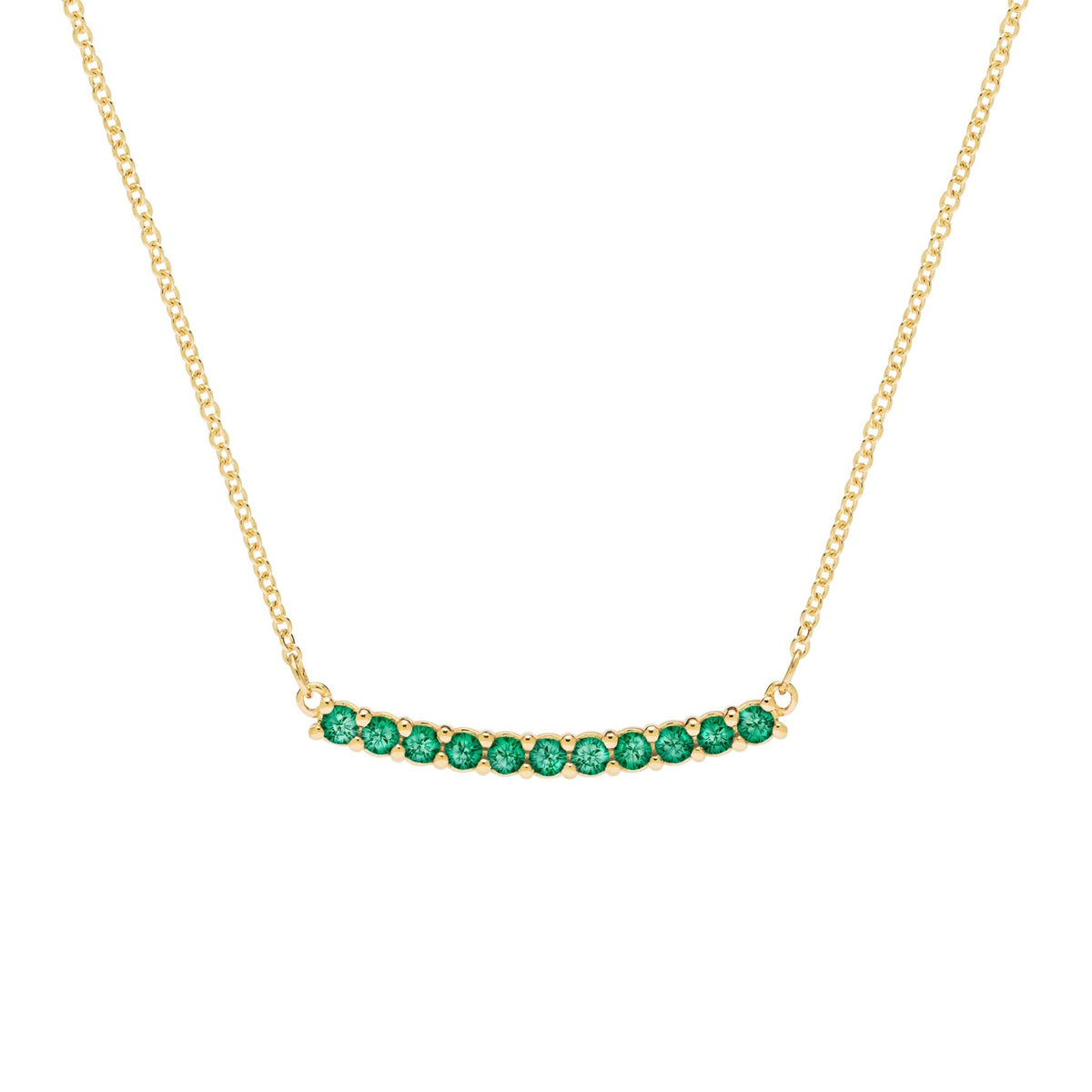 Rosecliff bar necklace with eleven 2 mm faceted round cut emeralds prong set in solid 14k yellow gold - front view