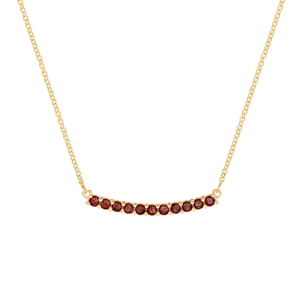 Rosecliff bar necklace with eleven 2 mm faceted round cut garnets prong set in solid 14k yellow gold - front view