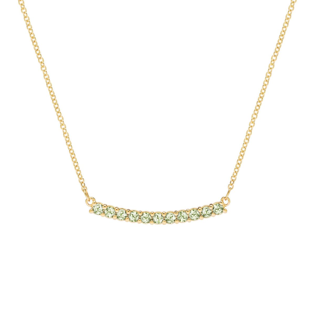 Rosecliff bar necklace with eleven 2 mm faceted round cut peridots prong set in solid 14k yellow gold - front view