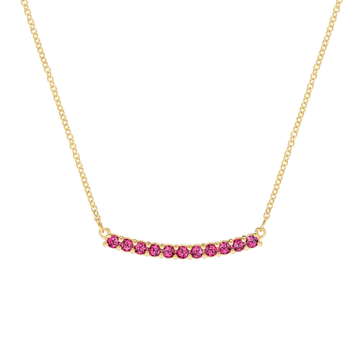 Rosecliff bar necklace with eleven 2 mm faceted round cut rubies prong set in solid 14k yellow gold - front view