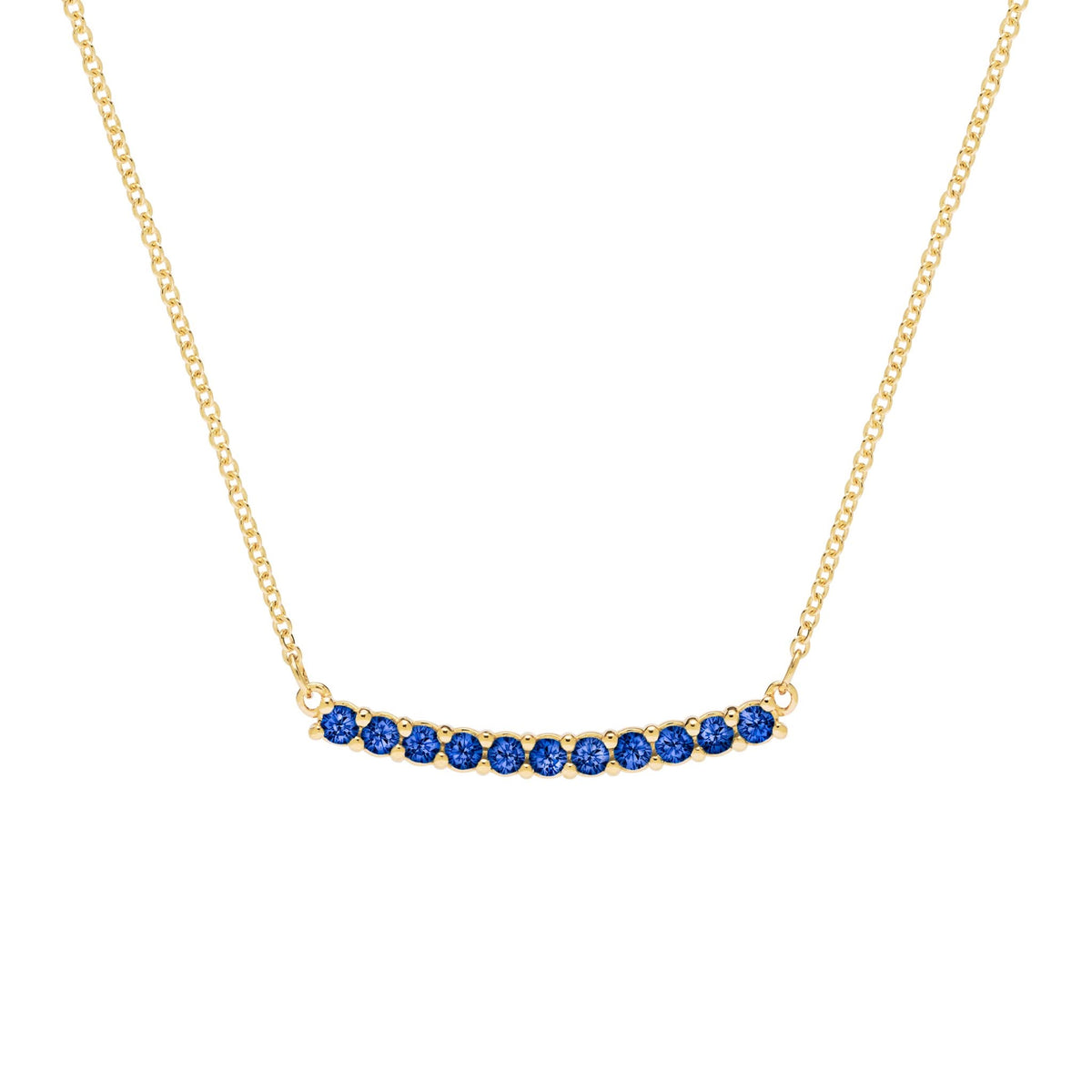 Rosecliff bar necklace with eleven 2 mm faceted round cut sapphires prong set in solid 14k yellow gold - front view