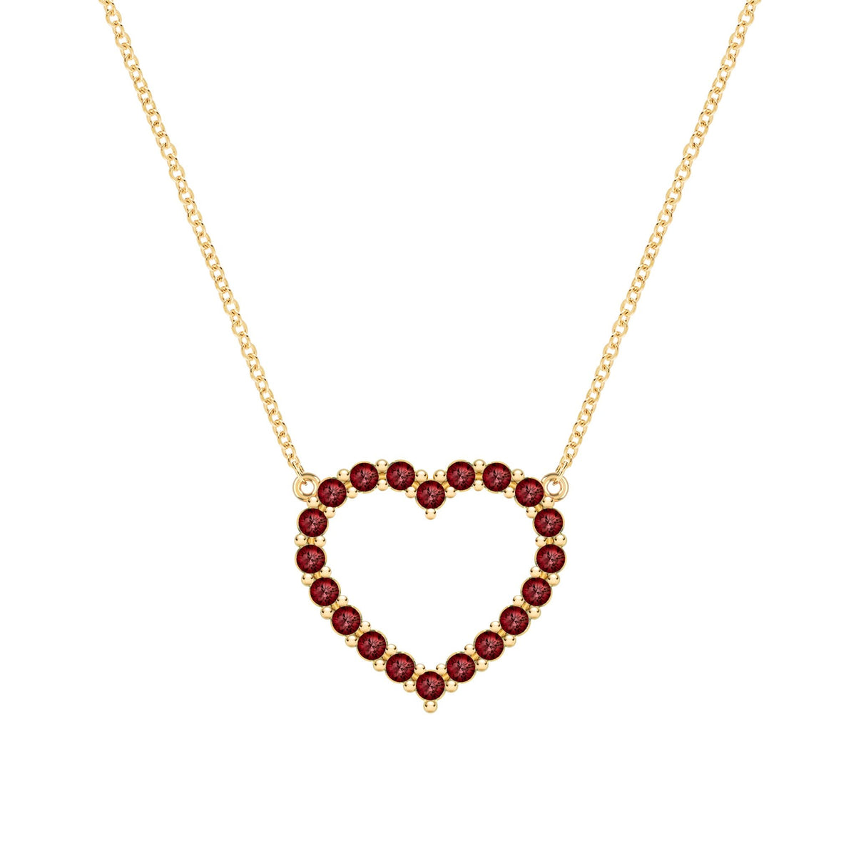 Rosecliff Heart Necklace featuring twenty faceted round cut garnets prong set in 14k yellow Gold - front view