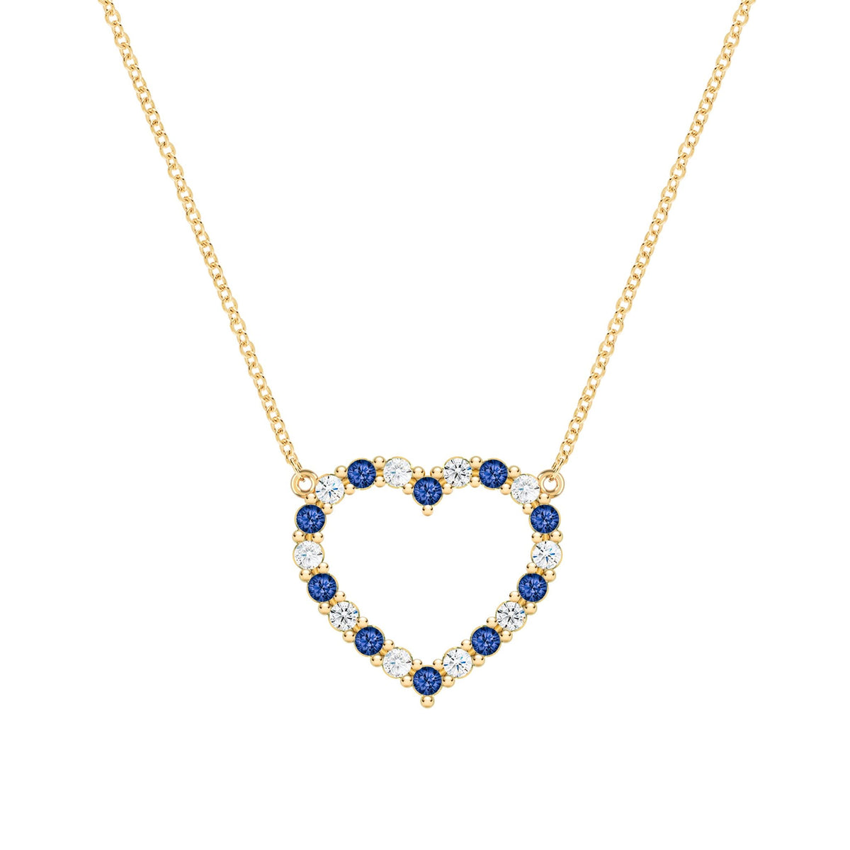 Rosecliff Heart Necklace featuring twenty alternating sapphires and diamonds prong set in 14k yellow Gold - front view