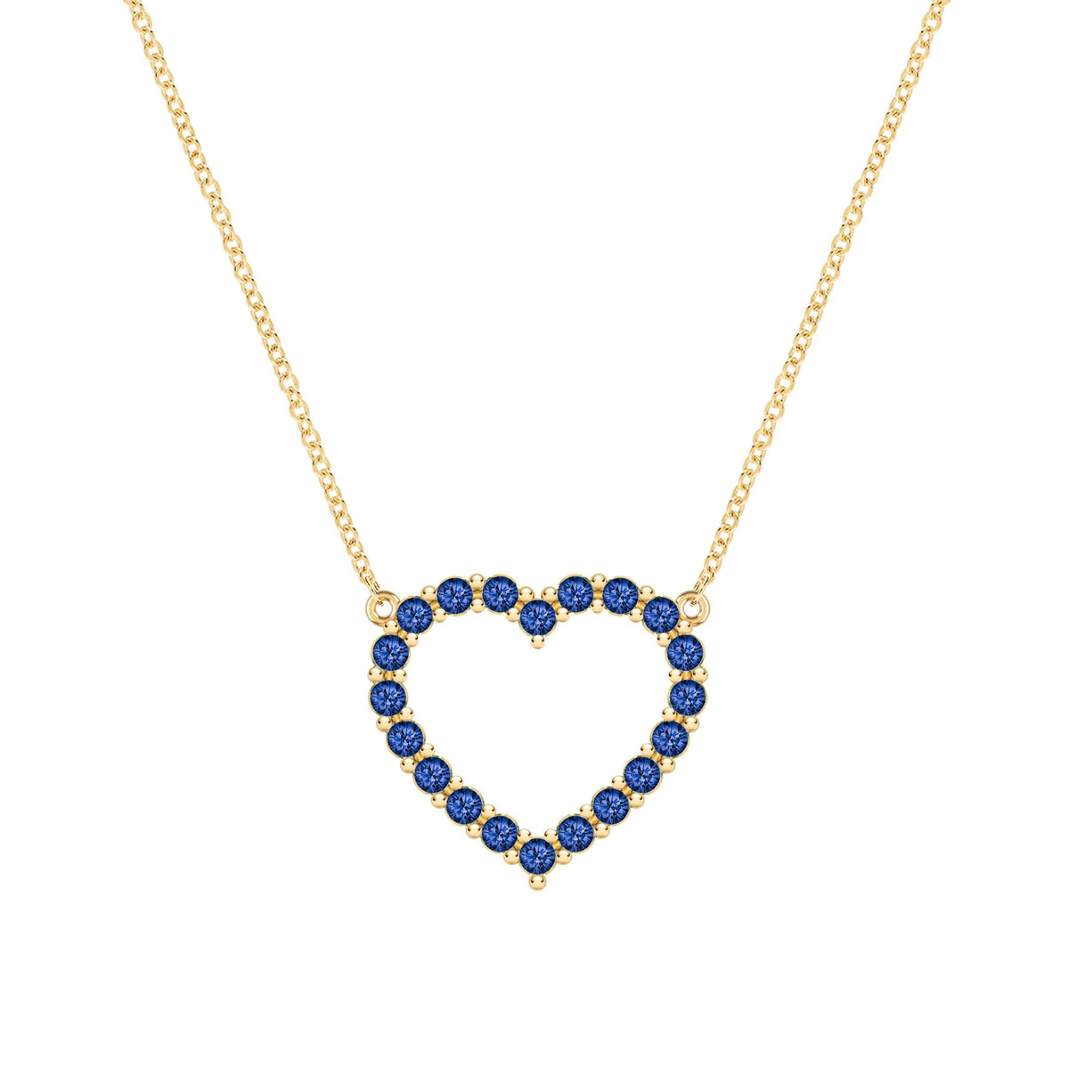 Rosecliff Heart Necklace featuring twenty faceted round cut sapphires prong set in 14k yellow Gold - front view