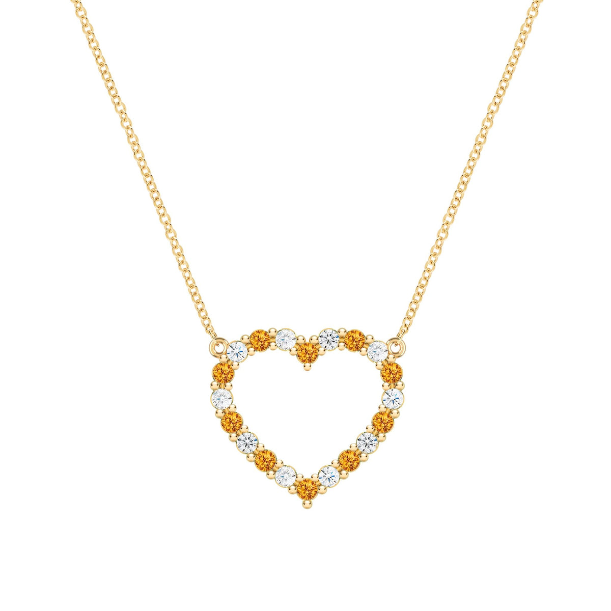 Rosecliff Heart Necklace featuring twenty alternating citrines and diamonds prong set in 14k yellow Gold - front view