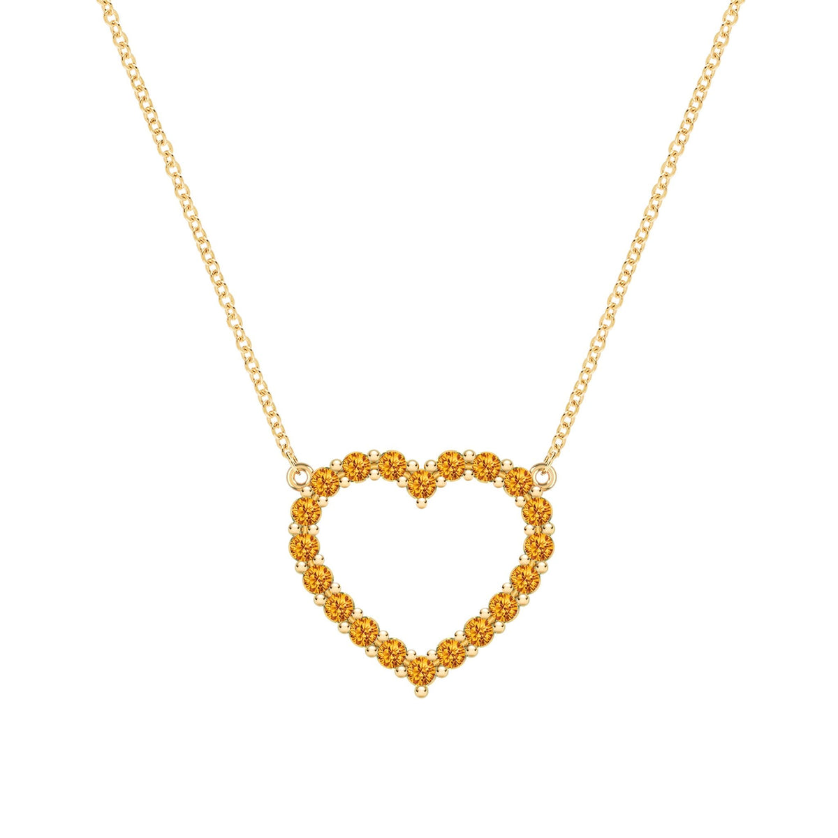 Rosecliff Heart Necklace featuring twenty faceted round cut citrines prong set in 14k yellow Gold - front view