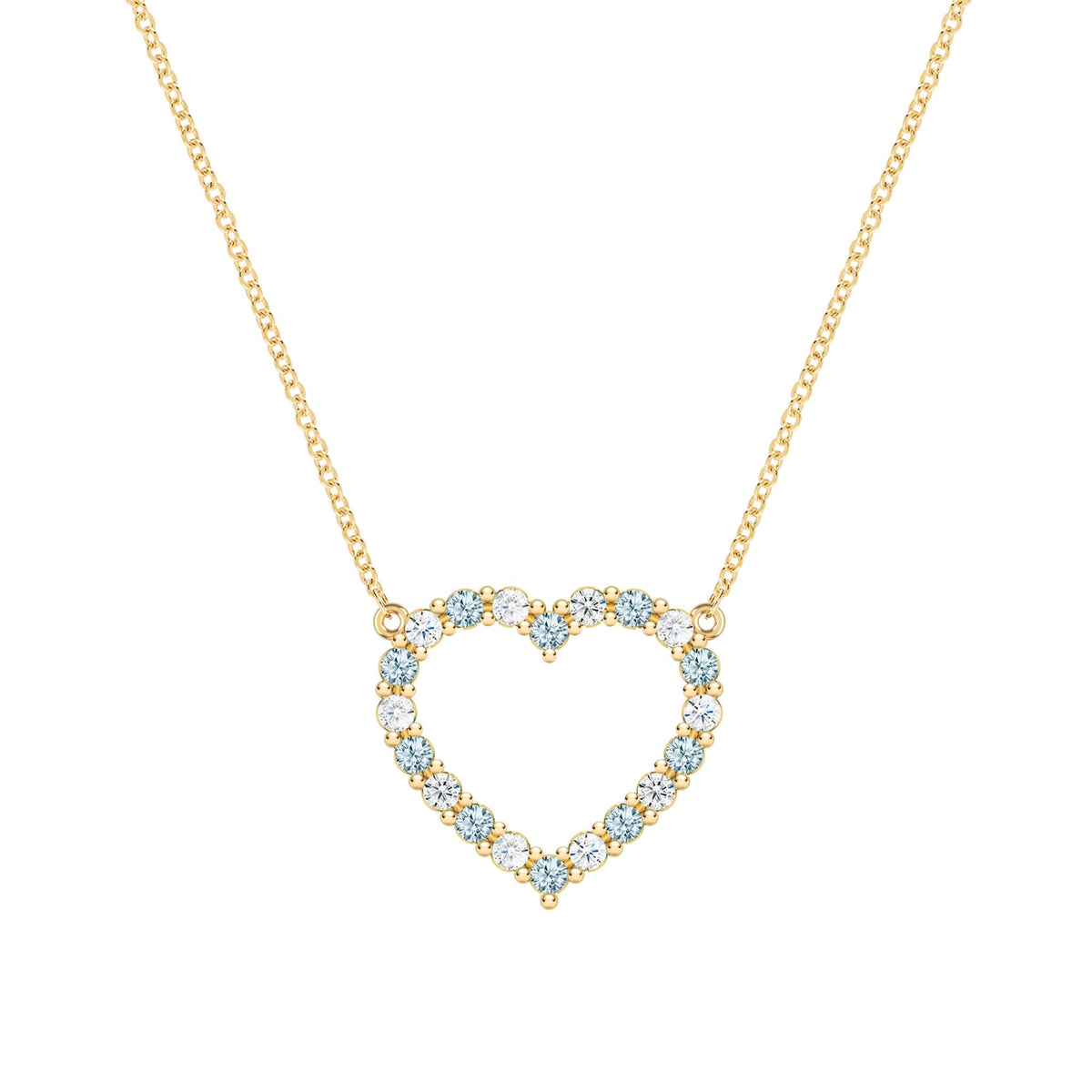 Rosecliff Heart Necklace featuring twenty alternating Nantucket blue topaz and diamonds prong set in 14k Gold - front view