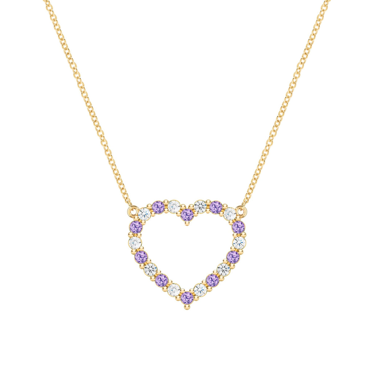 Rosecliff Heart Necklace featuring twenty alternating amethysts and diamonds prong set in 14k yellow Gold - front view