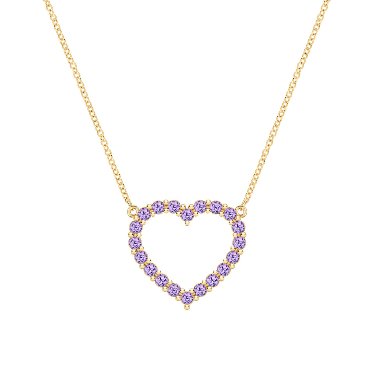 Rosecliff Heart Necklace featuring twenty faceted round cut amethysts prong set in 14k yellow Gold - front view