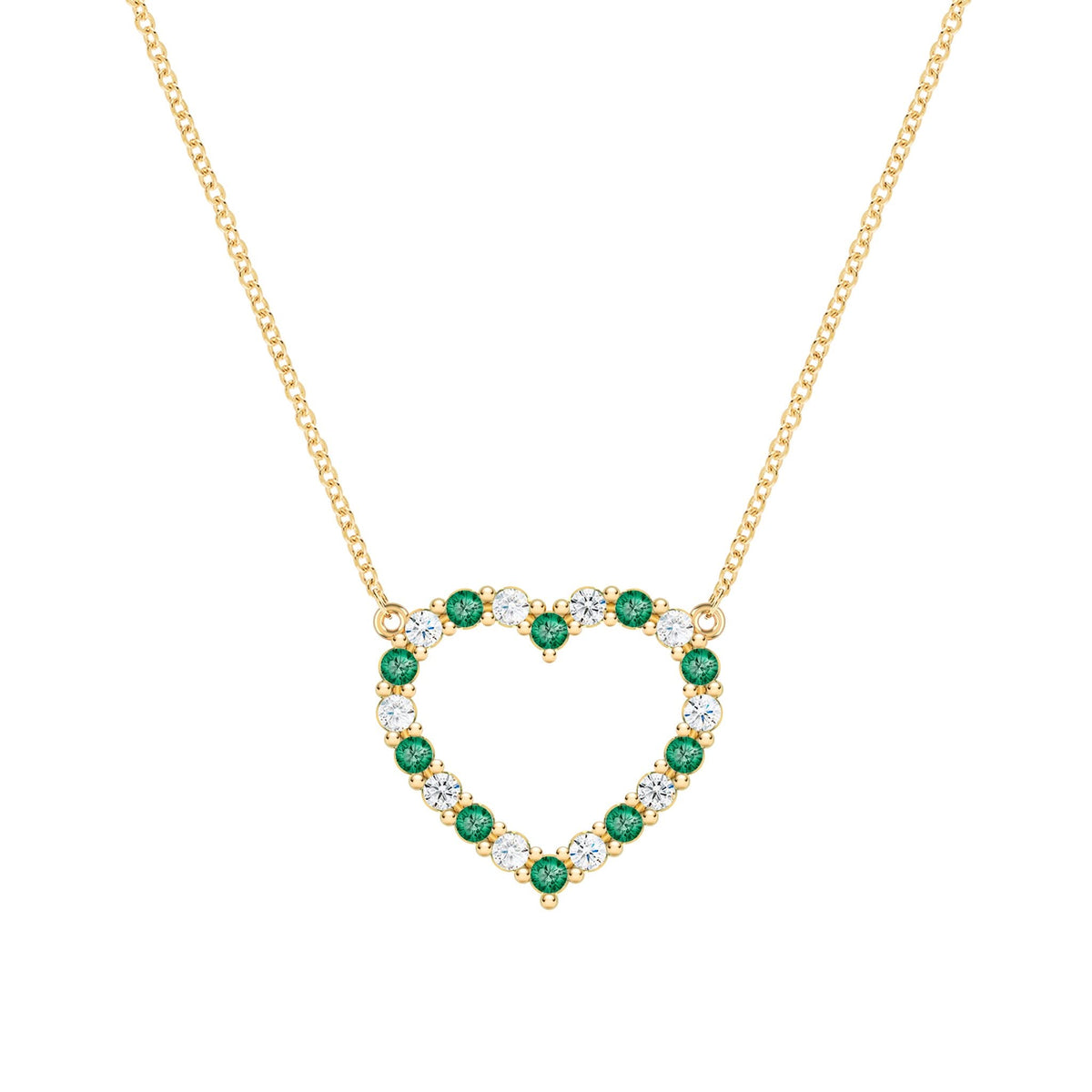 Rosecliff Heart Necklace featuring twenty alternating emeralds and diamonds prong set in 14k yellow Gold - front view