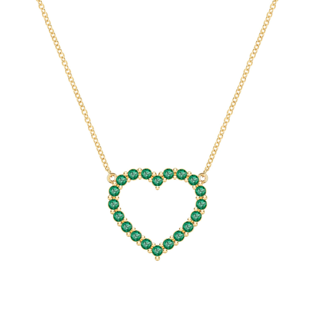 Rosecliff Heart Necklace featuring twenty faceted round cut emeralds prong set in 14k yellow Gold - front view