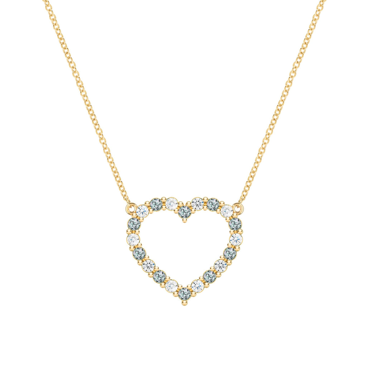 Rosecliff Heart Necklace featuring twenty alternating alexandrites and diamonds prong set in 14k yellow Gold - front view