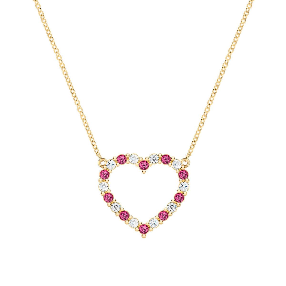 Rosecliff Heart Necklace featuring twenty alternating rubies and diamonds prong set in 14k yellow Gold - front view