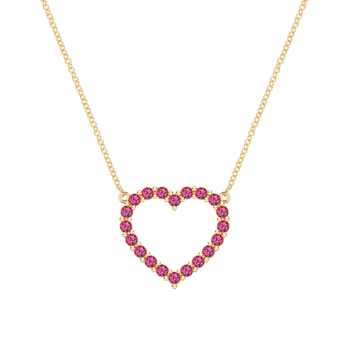 Rosecliff Heart Necklace featuring twenty faceted round cut rubies prong set in 14k yellow Gold - front view