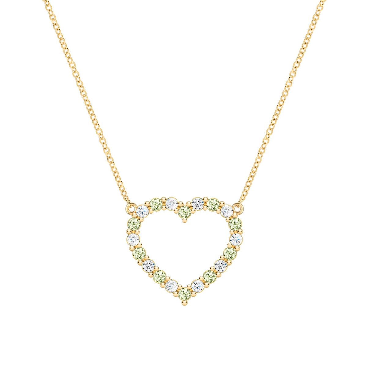 Rosecliff Heart Necklace featuring twenty alternating peridots and diamonds prong set in 14k yellow Gold - front view