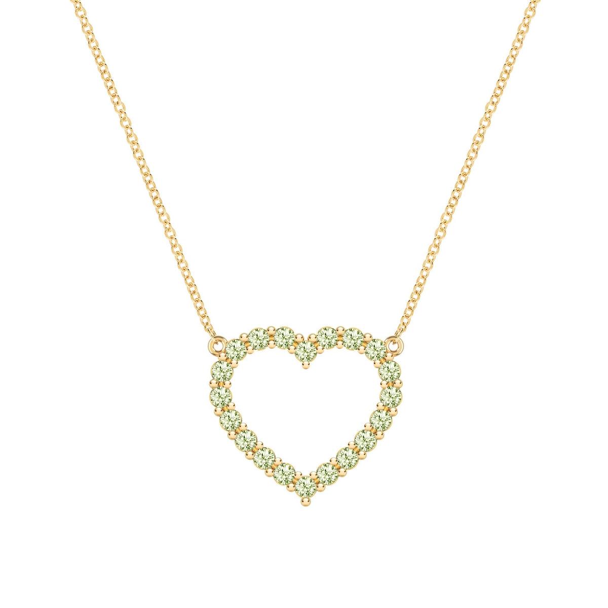 Rosecliff Heart Necklace featuring twenty faceted round cut peridots prong set in 14k yellow Gold - front view