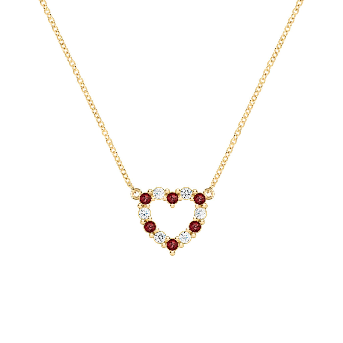 Rosecliff Heart Necklace featuring twelve alternating garnets and diamonds prong set in 14k yellow Gold - front view