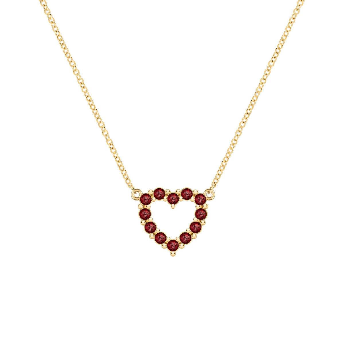 Rosecliff Heart Necklace featuring twelve faceted round cut garnets prong set in 14k yellow Gold - front view