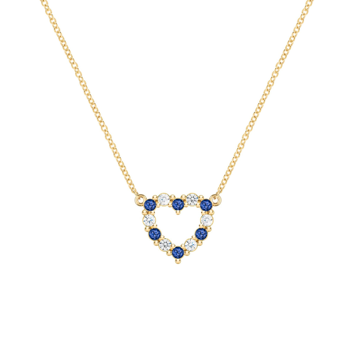 Rosecliff Heart Necklace featuring twelve alternating sapphires and diamonds prong set in 14k yellow Gold - front view