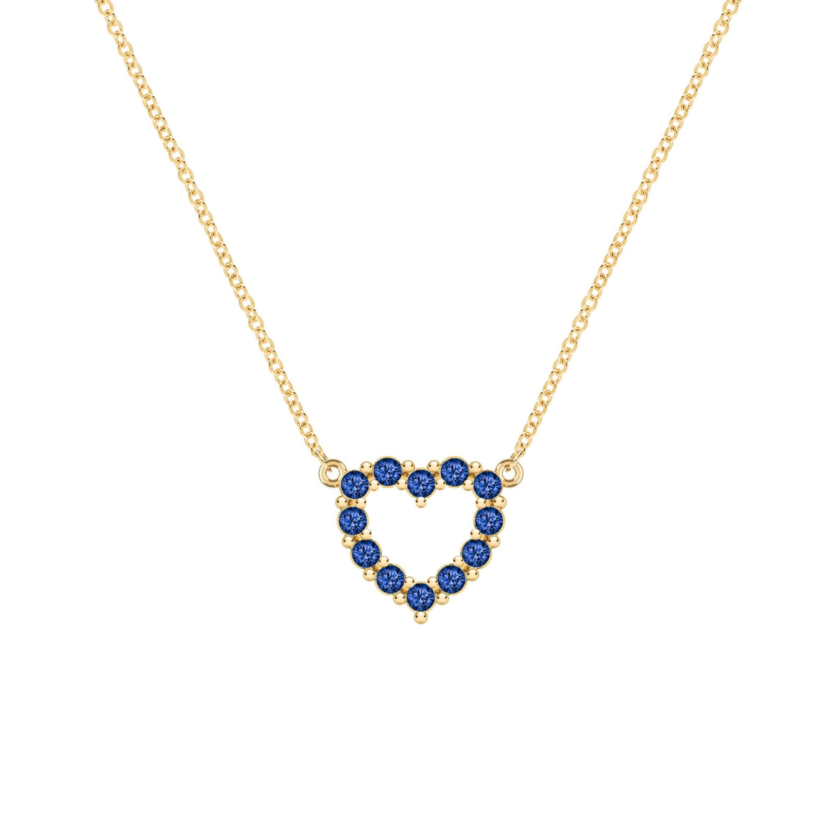 Rosecliff Heart Necklace featuring twelve faceted round cut sapphires prong set in 14k yellow Gold - front view
