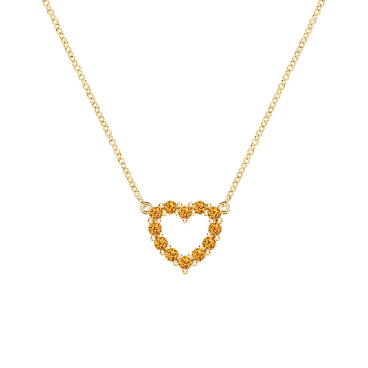 Rosecliff Heart Necklace featuring twelve faceted round cut citrines prong set in 14k yellow Gold - front view