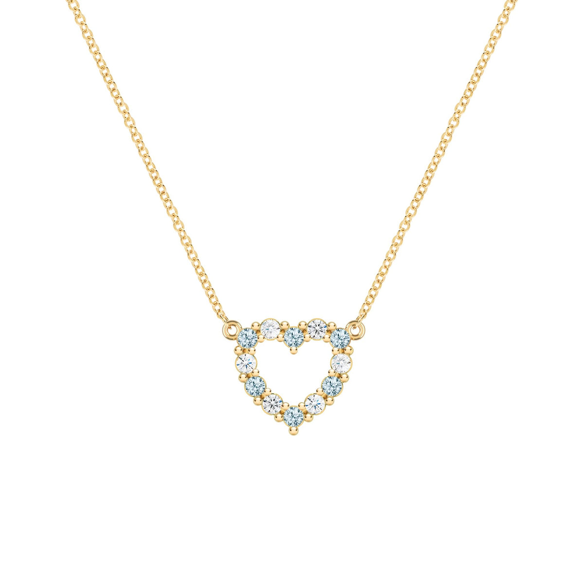 Rosecliff Heart Necklace featuring twelve alternating Nantucket blue topaz and diamonds prong set in 14k Gold - front view