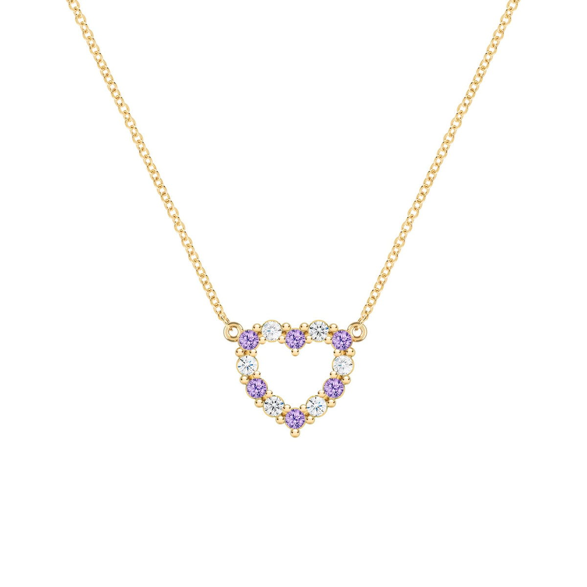 Rosecliff Heart Necklace featuring twelve alternating amethysts and diamonds prong set in 14k yellow Gold - front view