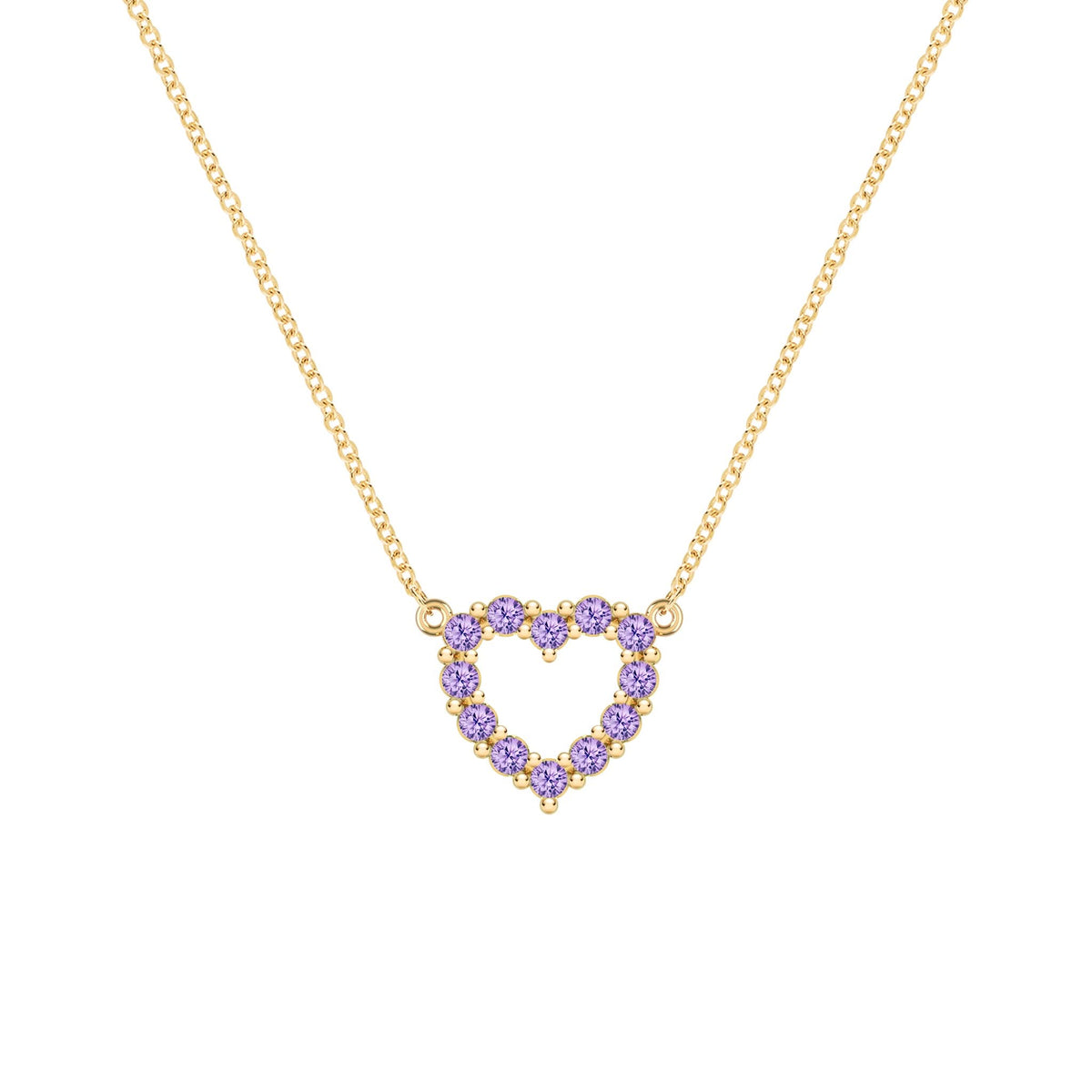 Rosecliff Heart Necklace featuring twelve faceted round cut amethysts prong set in 14k yellow Gold - front view