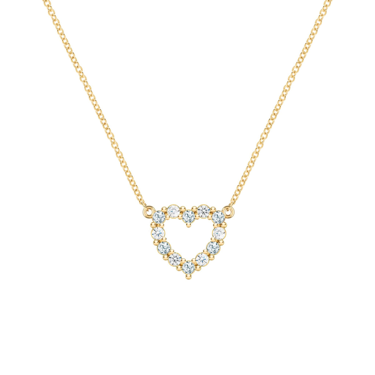Rosecliff Heart Necklace featuring twelve alternating aquamarines and diamonds prong set in 14k yellow Gold - front view
