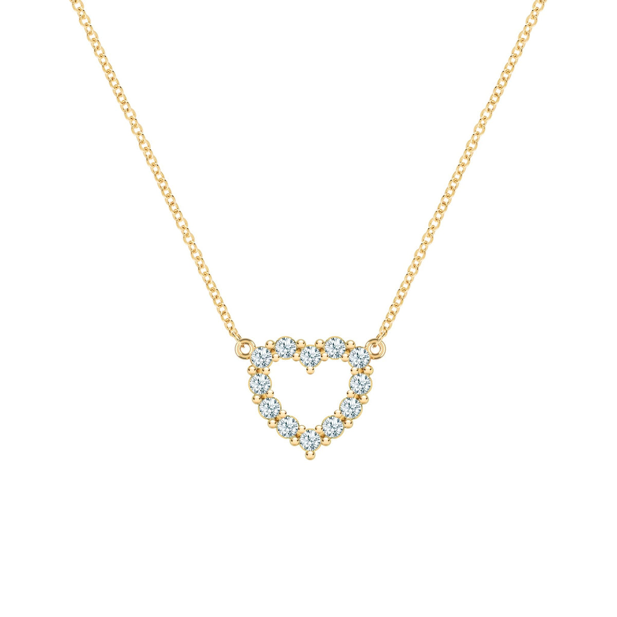 Rosecliff Heart Necklace featuring twelve faceted round cut aquamarines prong set in 14k yellow Gold - front view