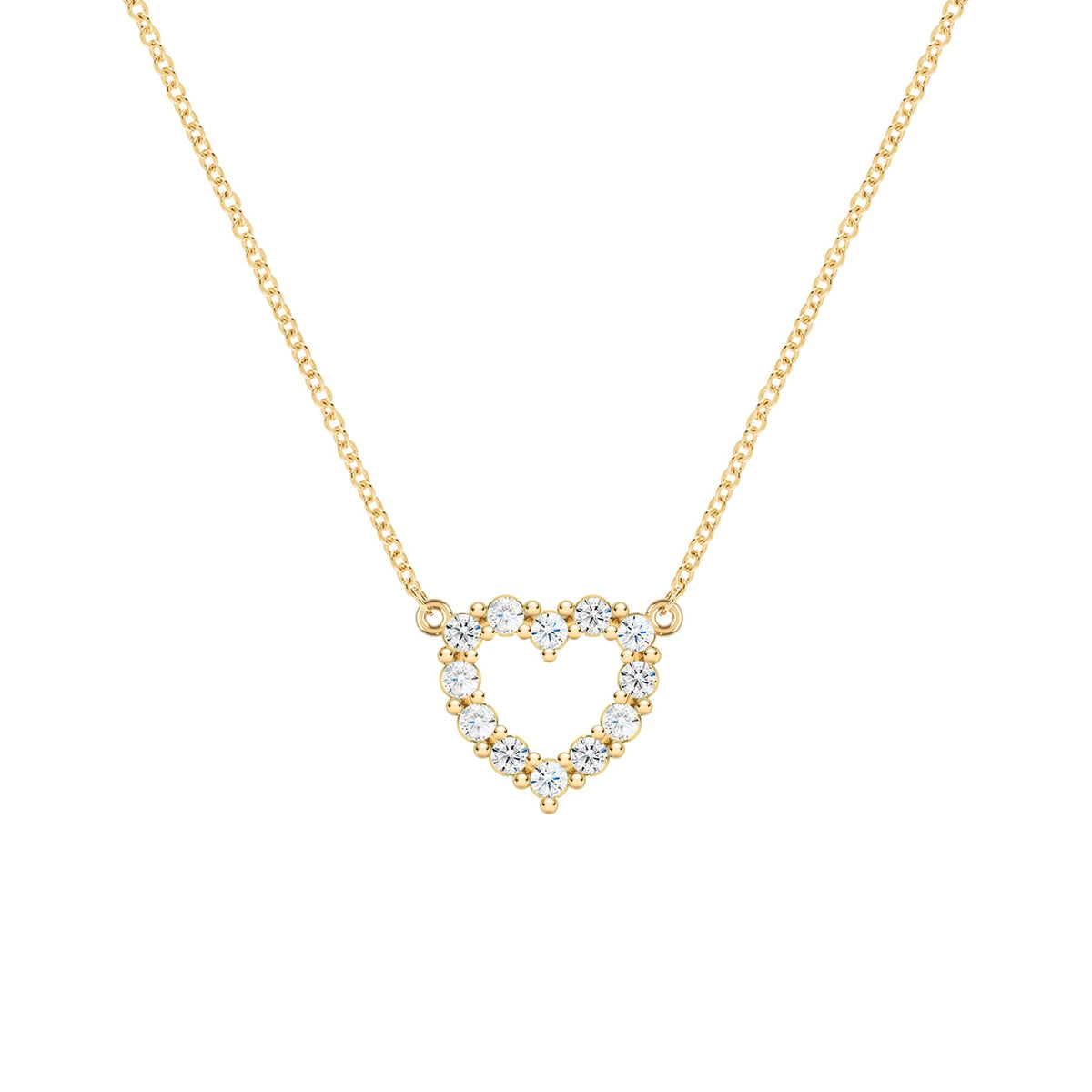 Rosecliff Heart Necklace featuring twelve faceted round cut diamonds prong set in 14k yellow Gold - front view