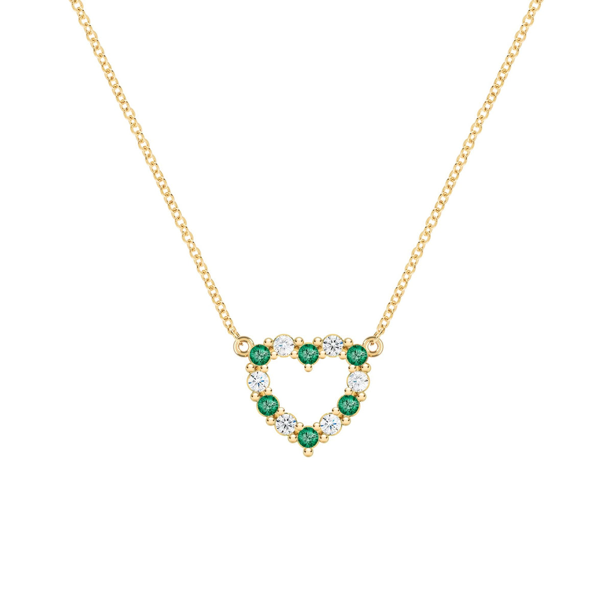 Rosecliff Heart Necklace featuring twelve alternating emeralds and diamonds prong set in 14k yellow Gold - front view