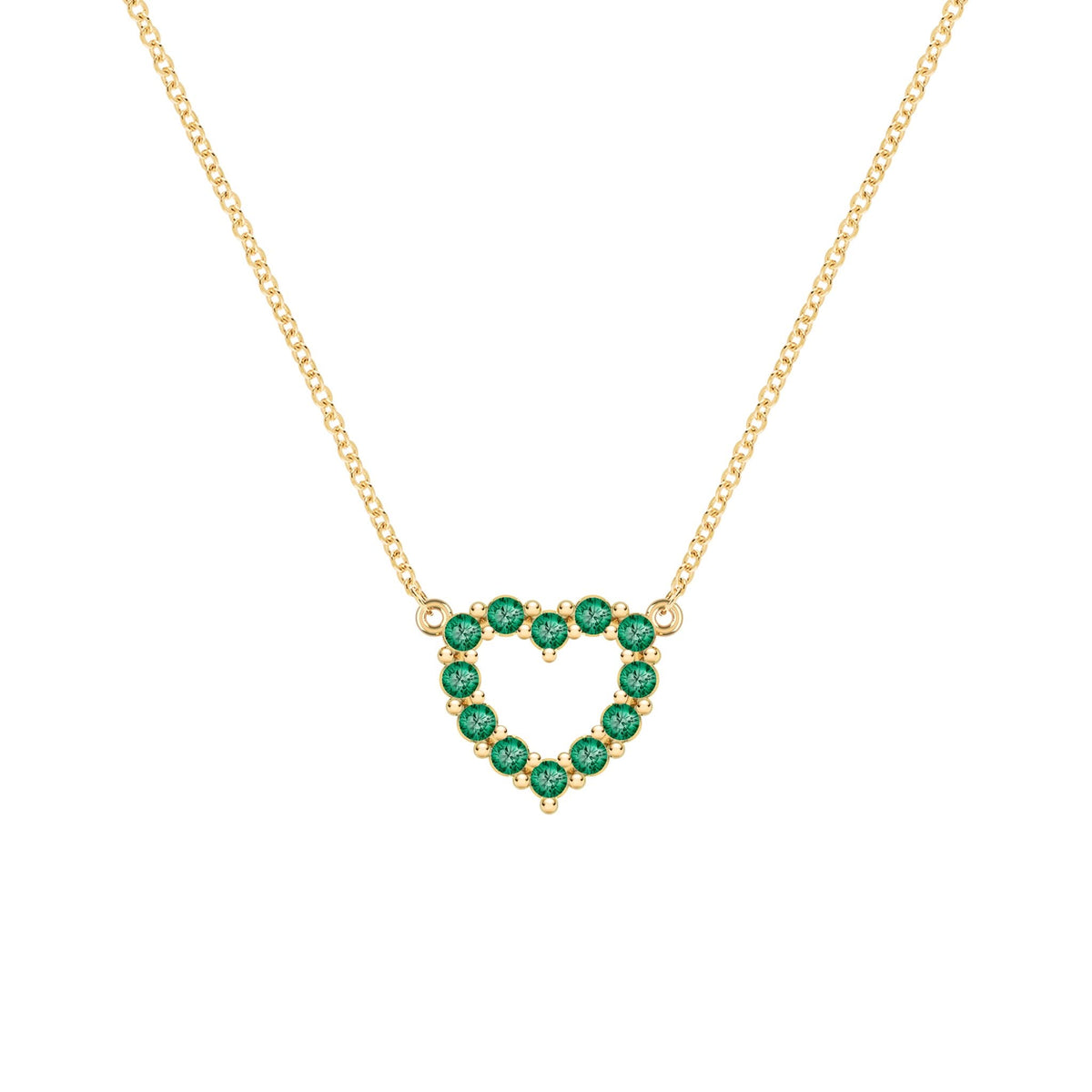 Rosecliff Heart Necklace featuring twelve faceted round cut emeralds prong set in 14k yellow Gold - front view