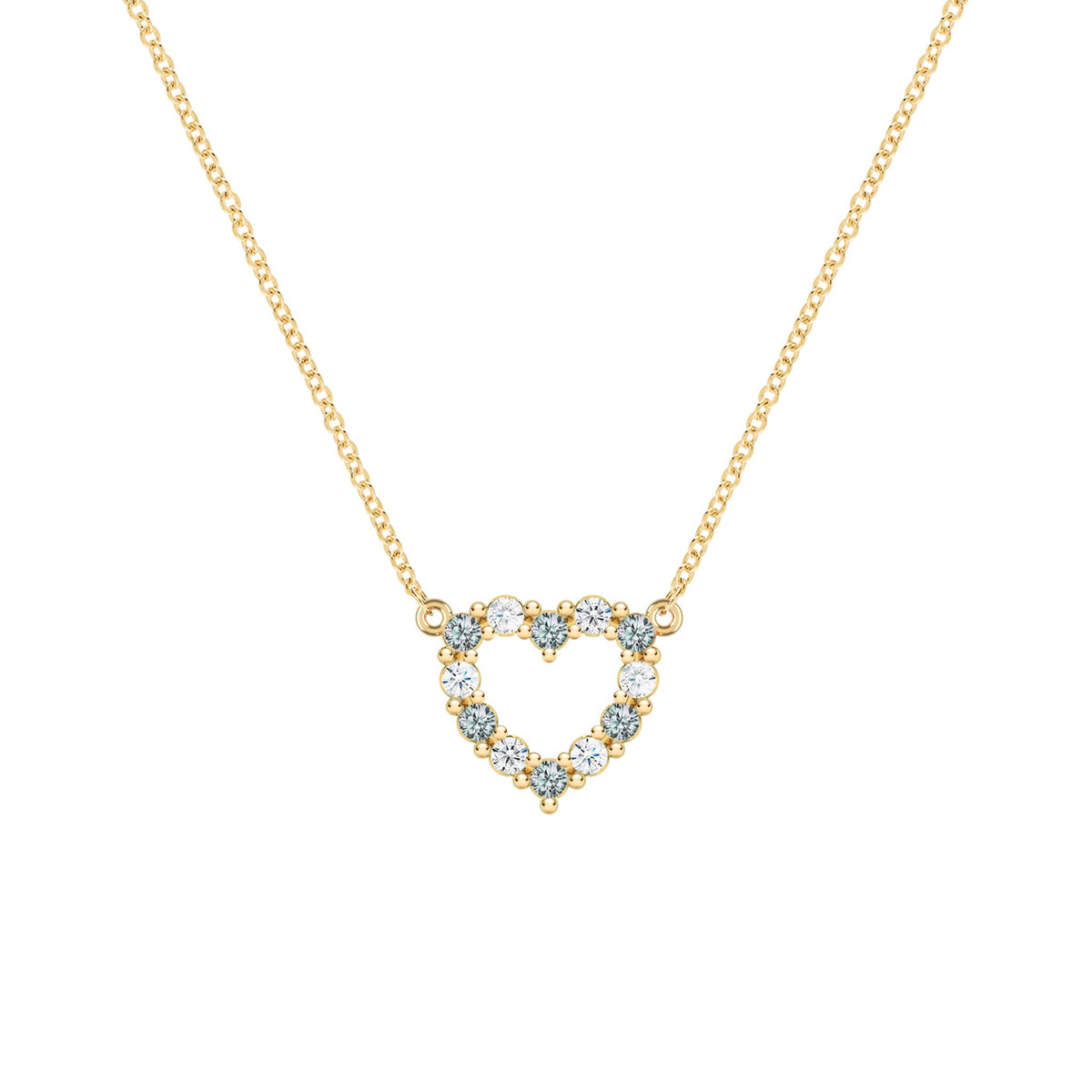 Rosecliff Heart Necklace featuring twelve alternating alexandrites and diamonds prong set in 14k yellow Gold - front view