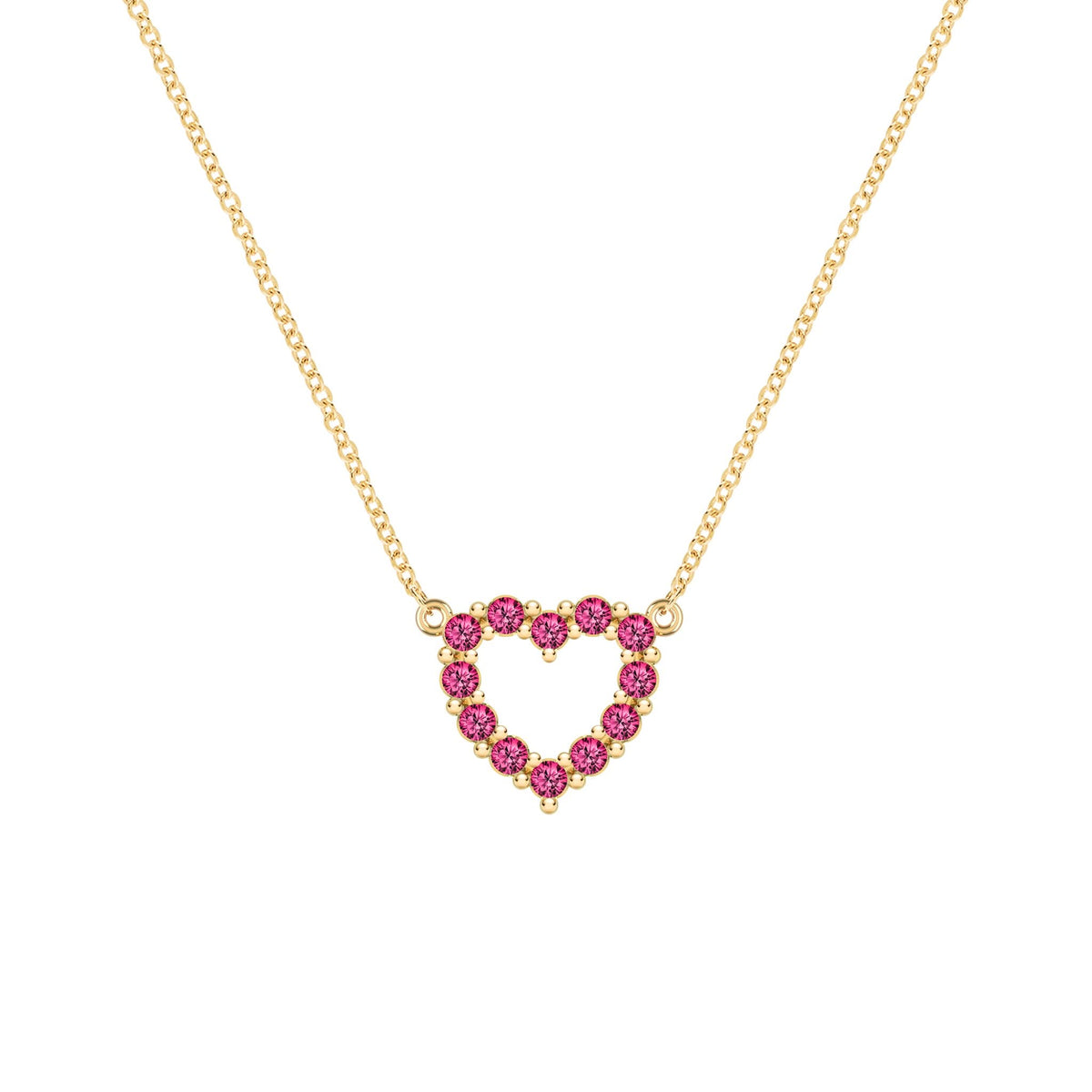 Rosecliff Heart Necklace featuring twelve faceted round cut rubies prong set in 14k yellow Gold - front view