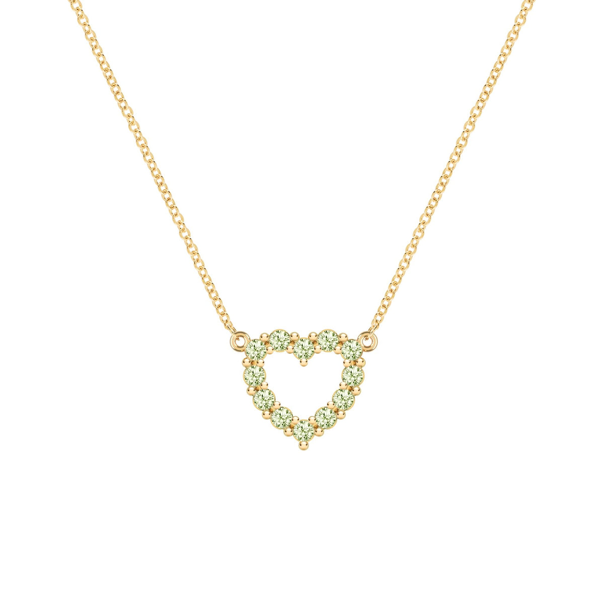 Rosecliff Heart Necklace featuring twelve faceted round cut peridots prong set in 14k yellow Gold - front view