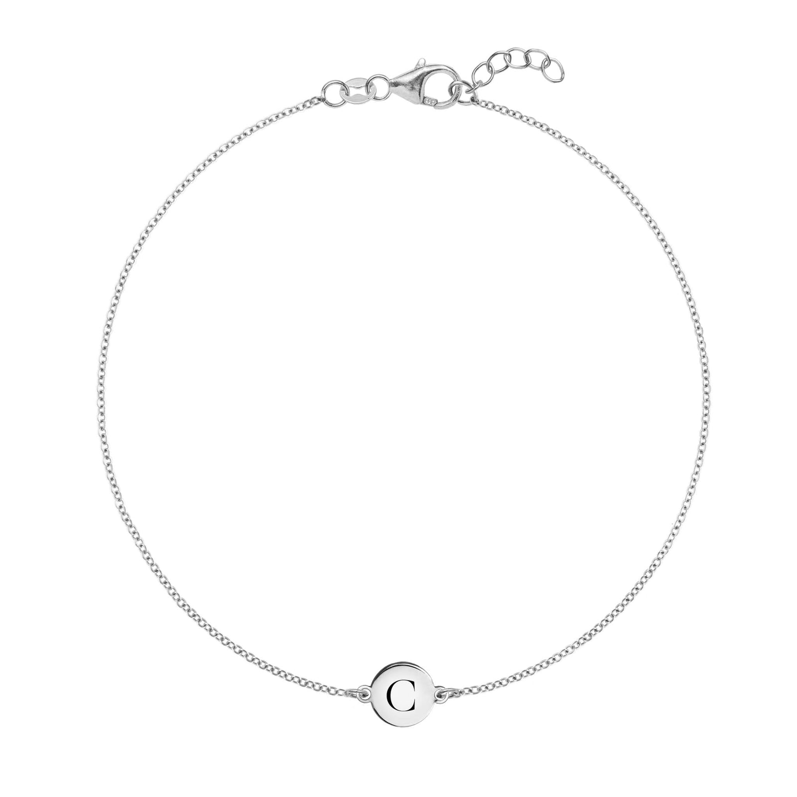 14k white gold cable chain bracelet featuring one 1/4” flat disc engraved with the letter C