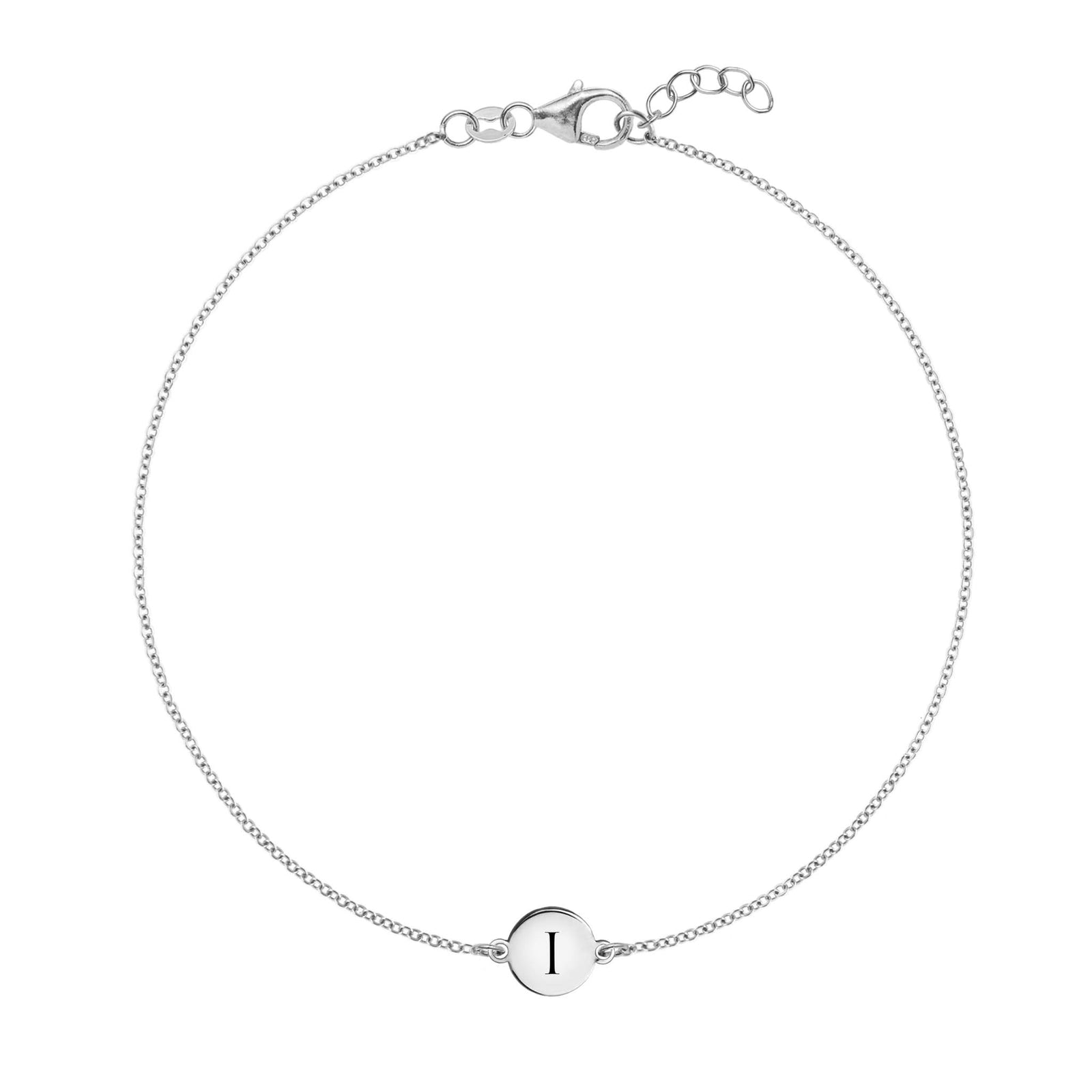 14k white gold cable chain bracelet featuring one 1/4” flat disc engraved with the letter I