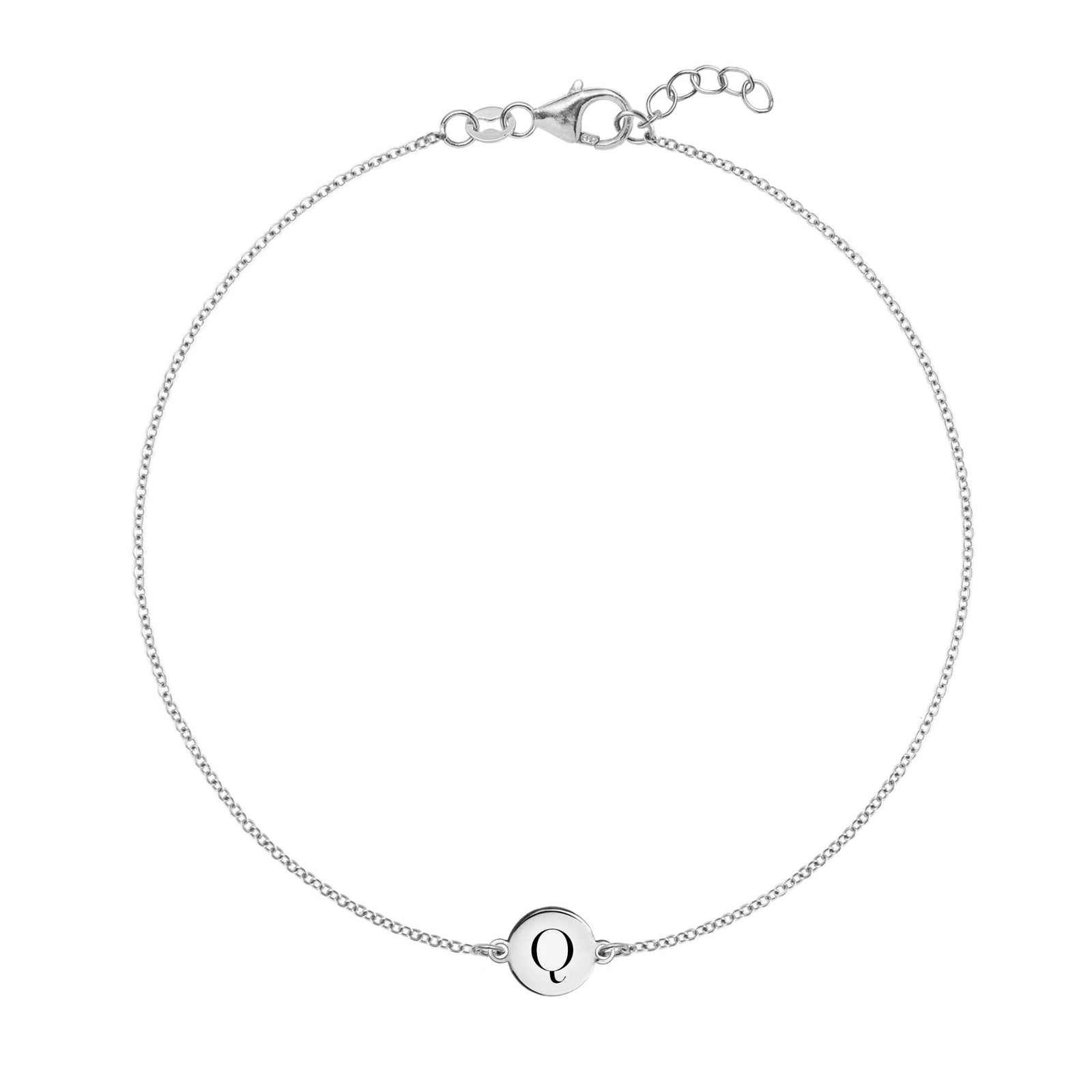 14k white gold cable chain bracelet featuring one 1/4” flat disc engraved with the letter Q