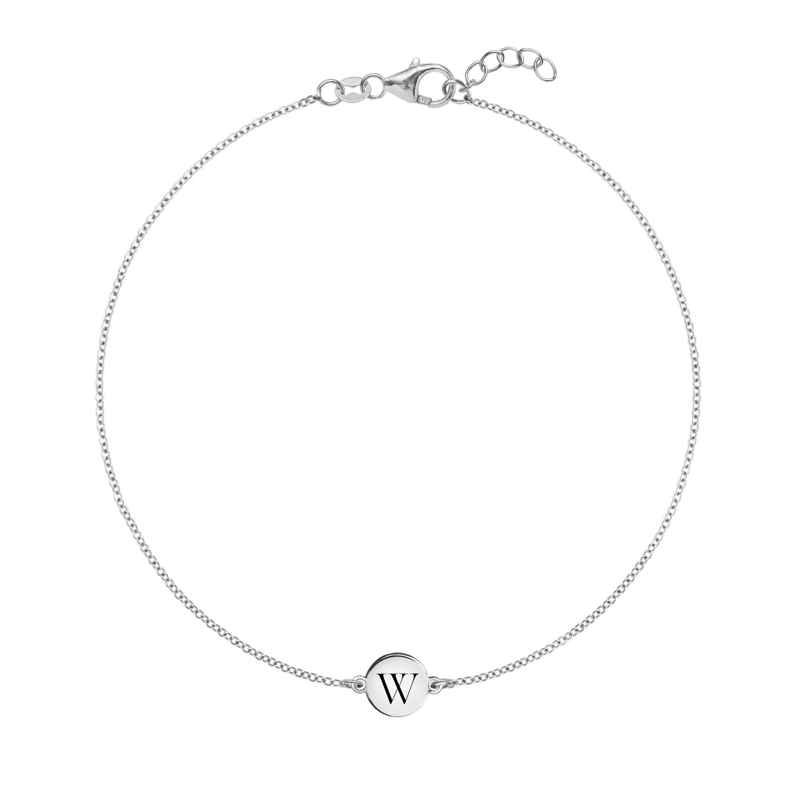 14k white gold cable chain bracelet featuring one 1/4” flat disc engraved with the letter W
