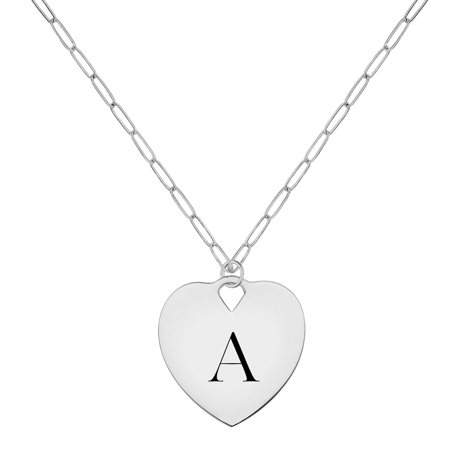 14k white gold mini adelaide necklace with a 23 x 24.5 mm large flat heart pendant engraved with "A" - front view