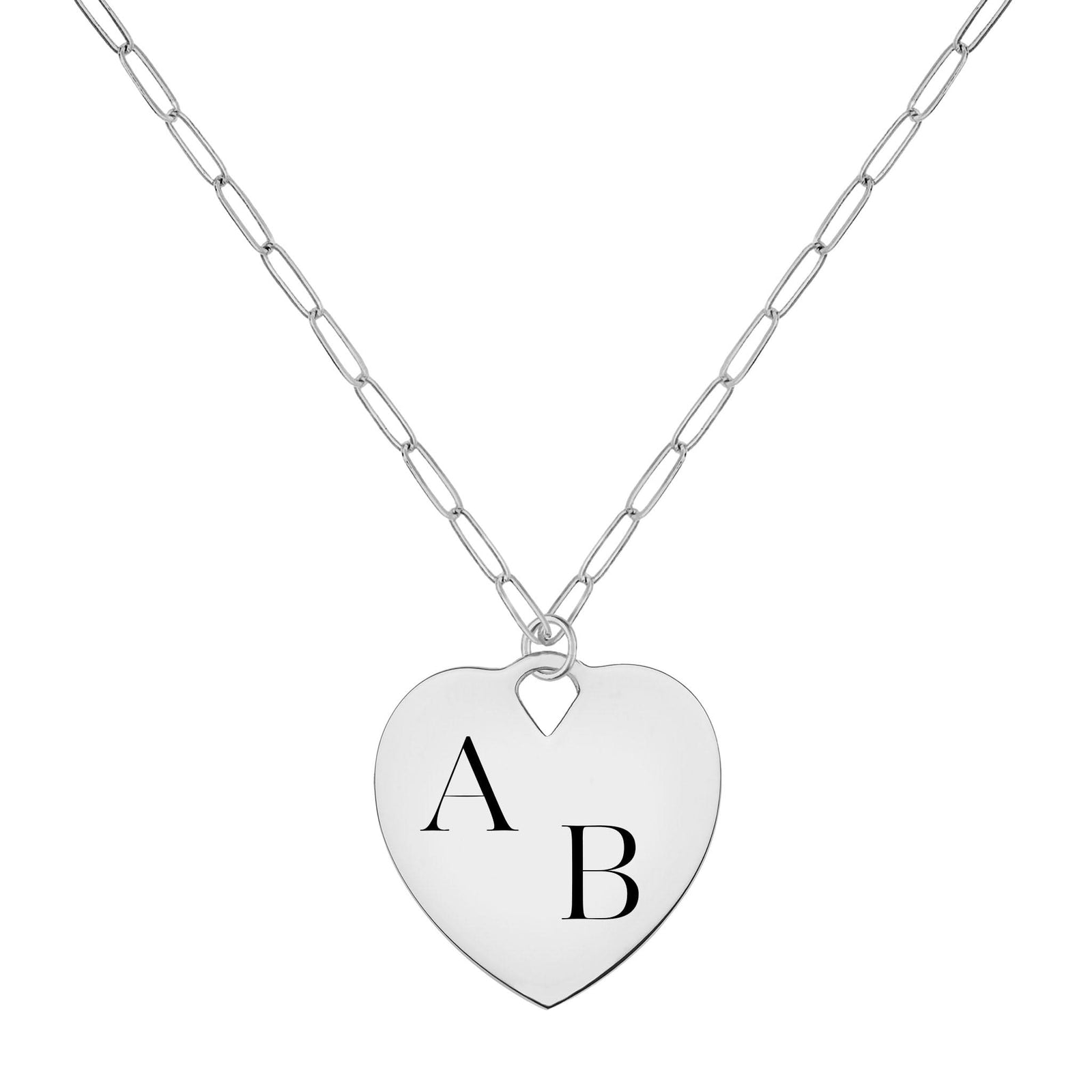 14k white gold mini adelaide necklace with a 23 x 24.5 mm large flat heart pendant engraved with "AB" - front view