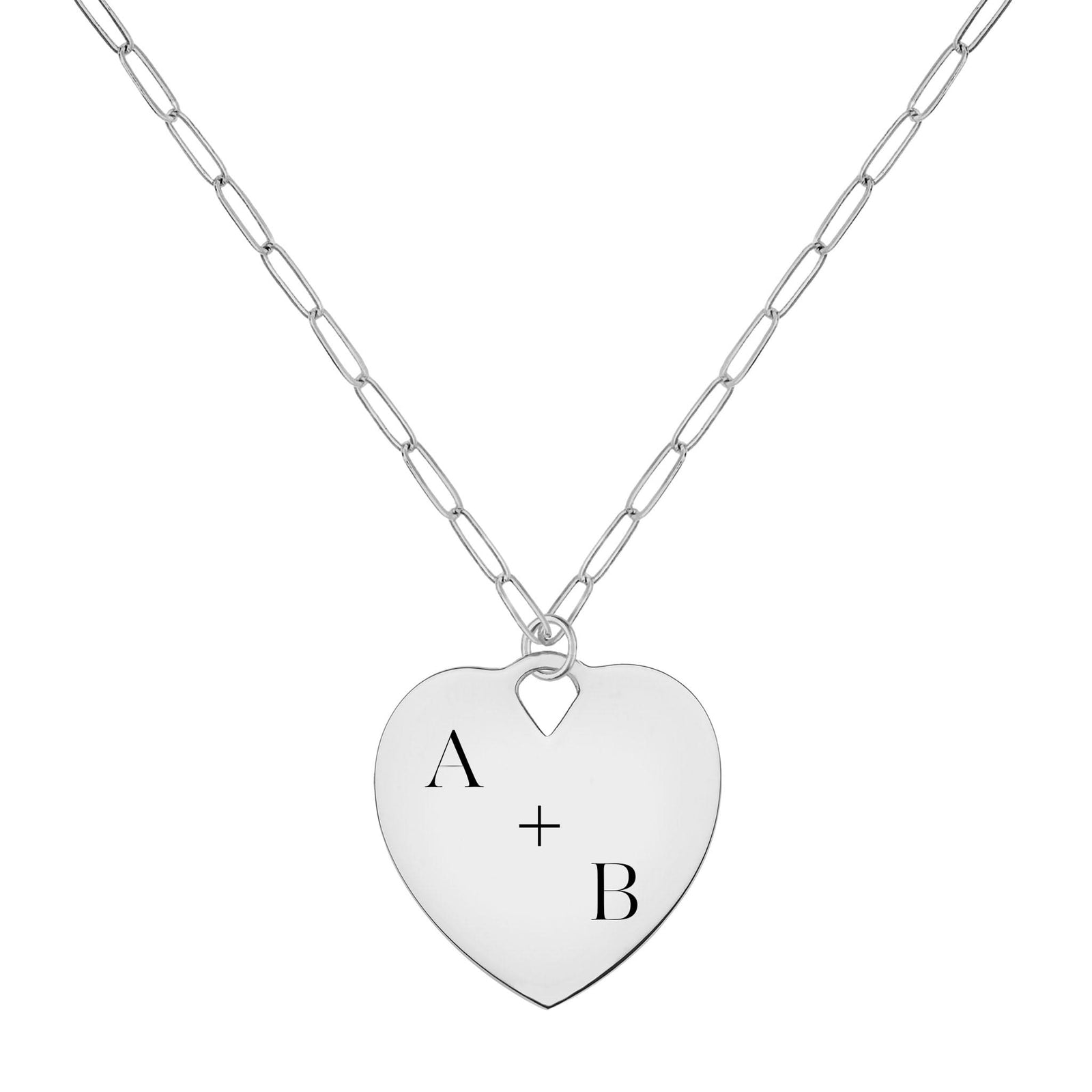 14k white gold mini adelaide necklace with a 23 x 24.5 mm large flat heart pendant engraved with "A + B" - front view