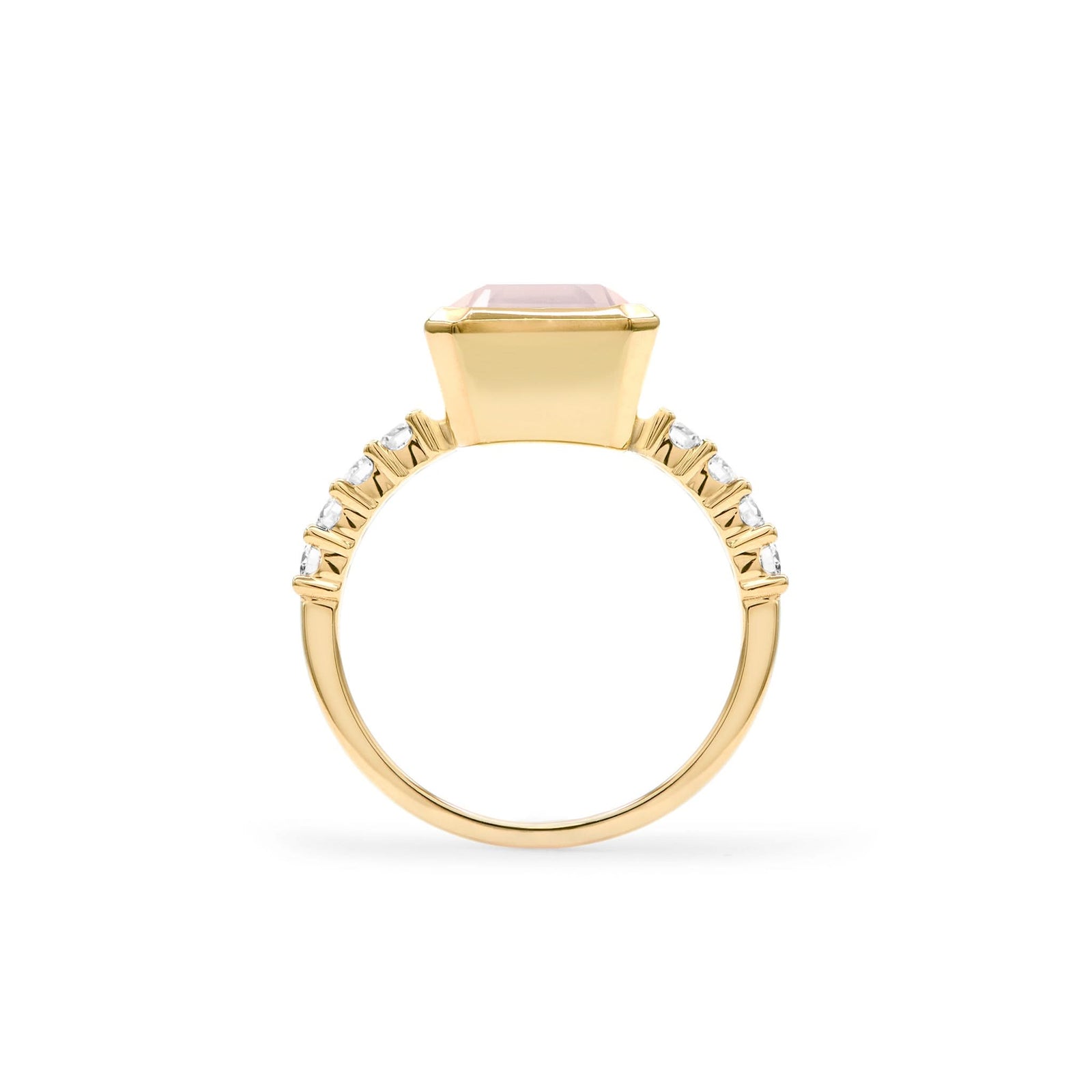 Warren ring in 14k yellow gold with accent diamonds featuring one 10 x 8 mm emerald cut bezel set rose quartz - standing view