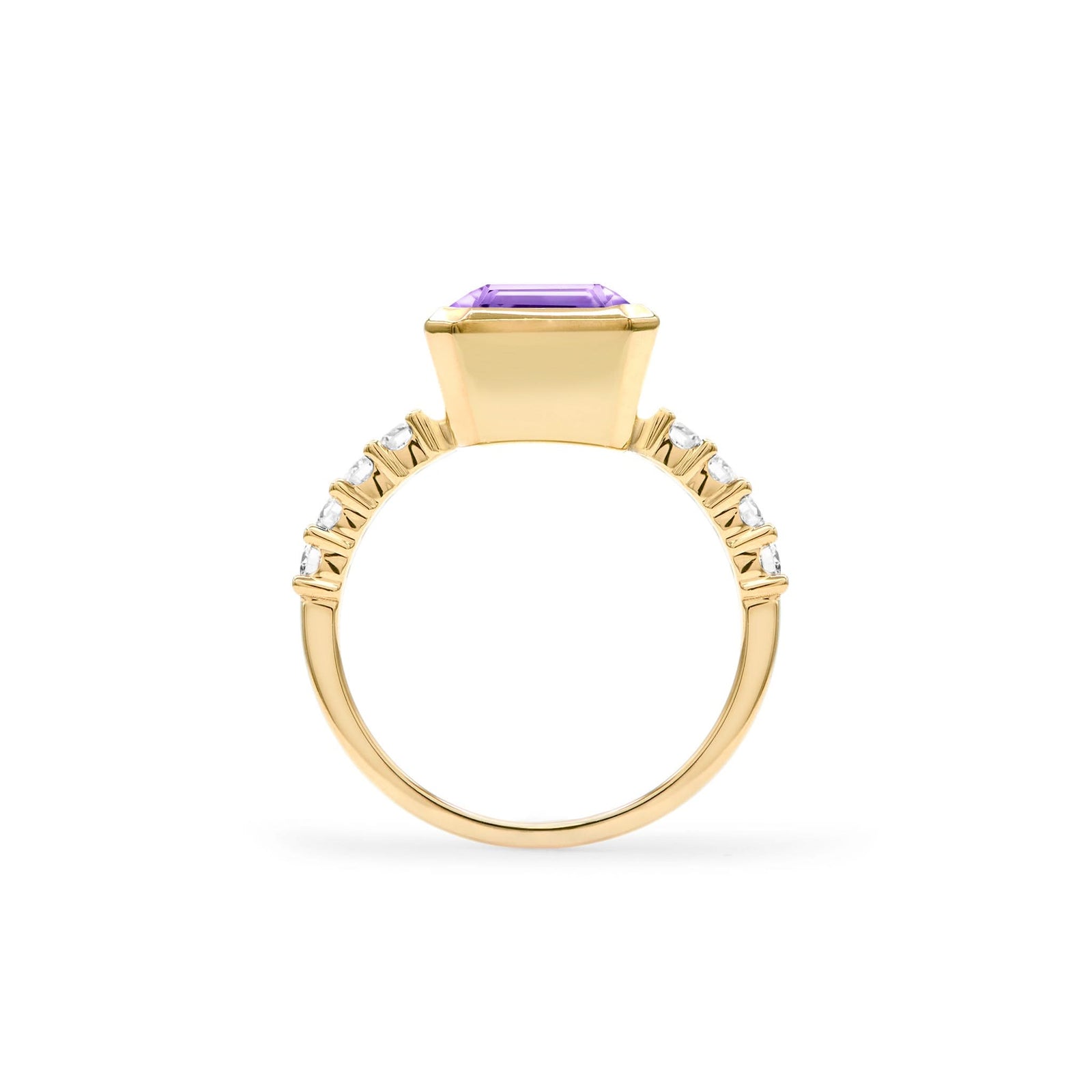 Warren ring in 14k yellow gold with accent diamonds featuring one 10 x 8 mm emerald cut bezel set amethyst - standing view