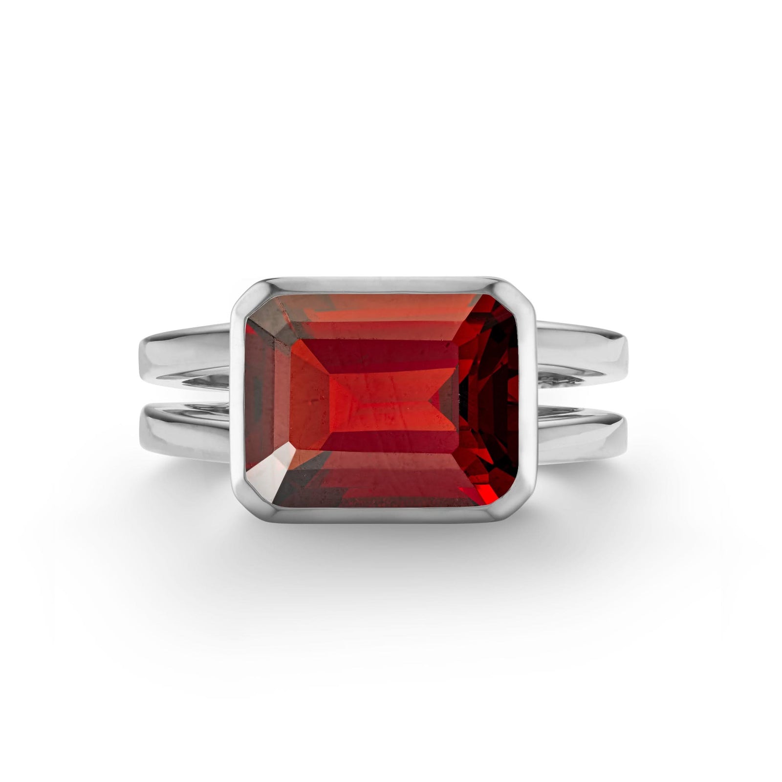 Warren Horizontal Garnet Ring, featuring an emerald-cut 8 x 10mm Garnet in 14k gold, hand-set horizontally in a 14k white gold bezel - front view.