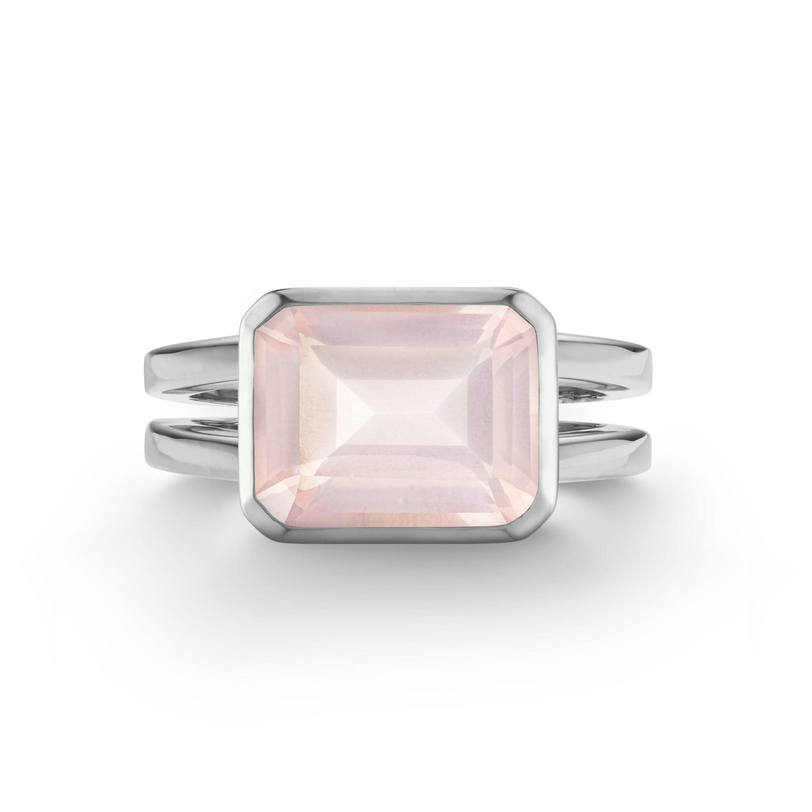 Warren Horizontal Rose Quartz Ring, featuring an emerald-cut 8 x 10mm Rose Quartz in 14k gold, hand-set horizontally in a 14k white gold bezel - front view.